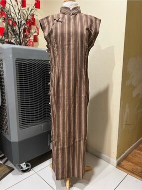 3XL Classic Brown Striped Cheongsam Dress #11